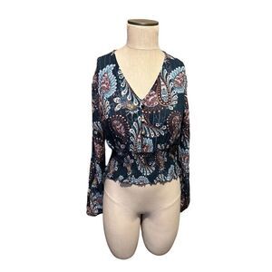 Gypsies & Moondust Paisley Teal Cropped Smocked Bohemian Rayon Blouse Top Sz M